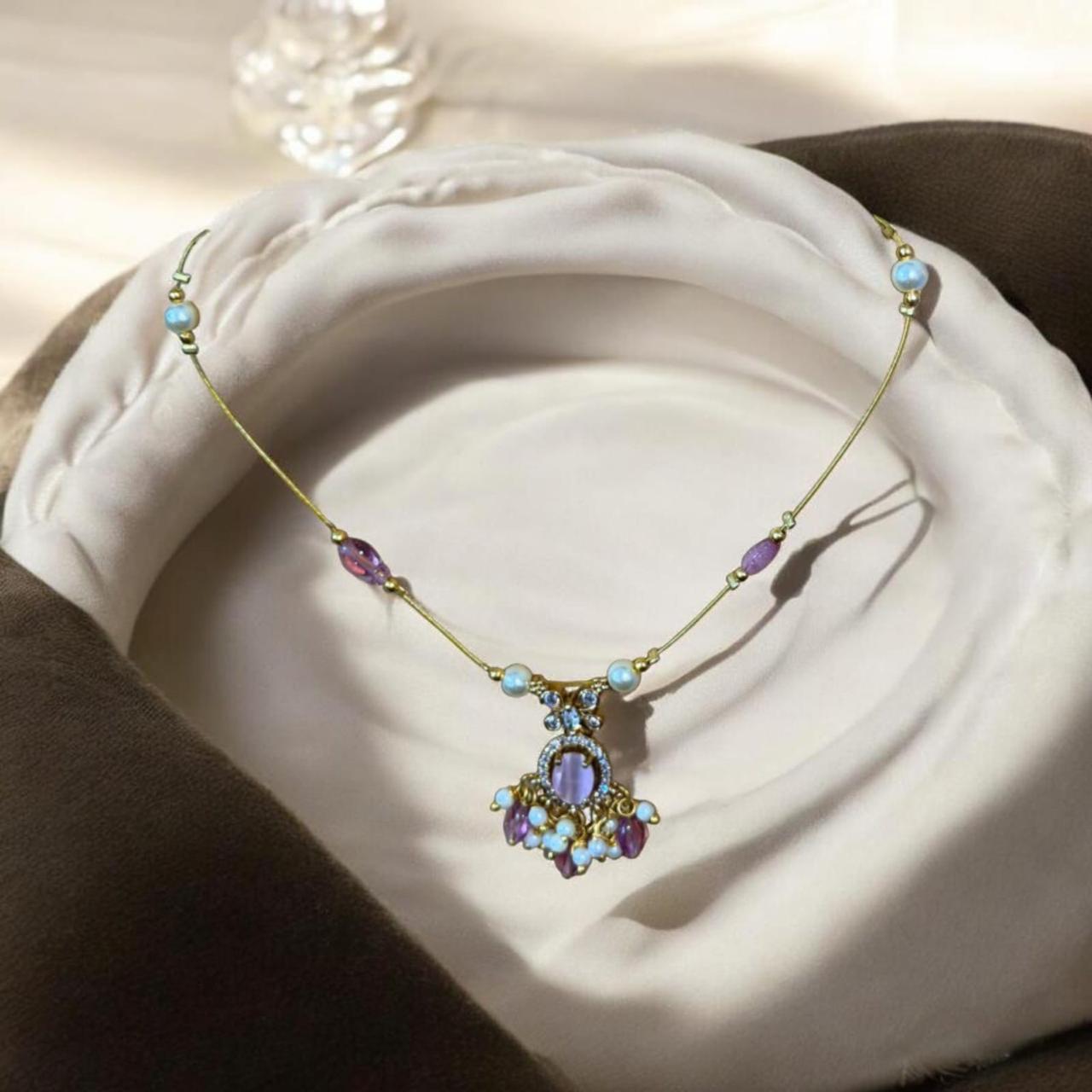 Delicate Lavender & Pearl Pendant Necklace