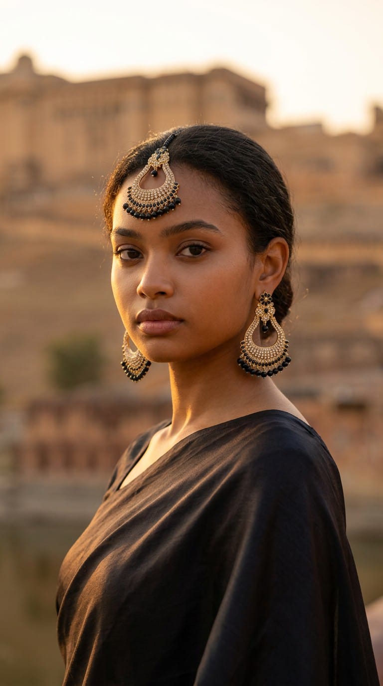 Black & Gold Chandelier Jhumka Earrings