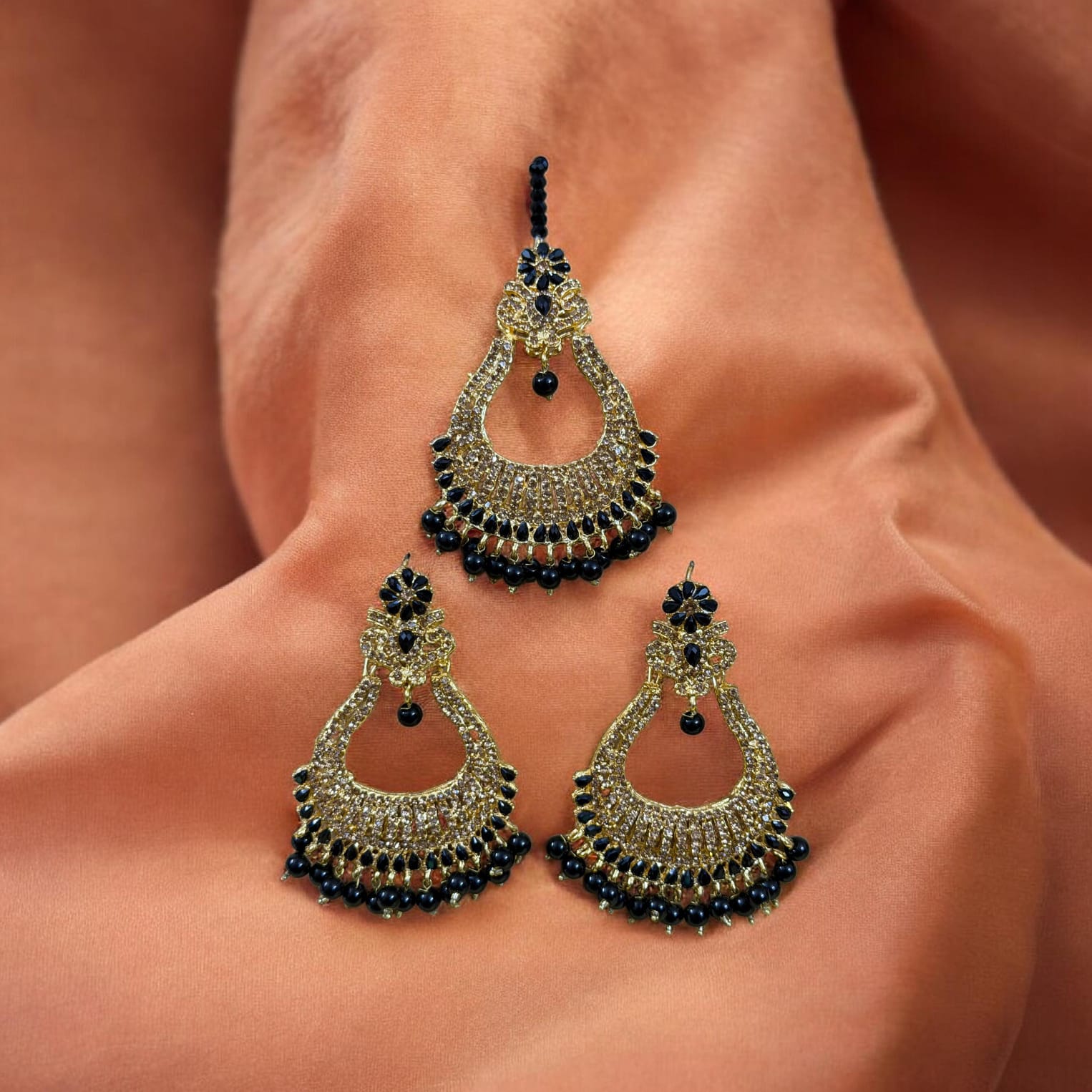 Black & Gold Chandelier Jhumka Earrings