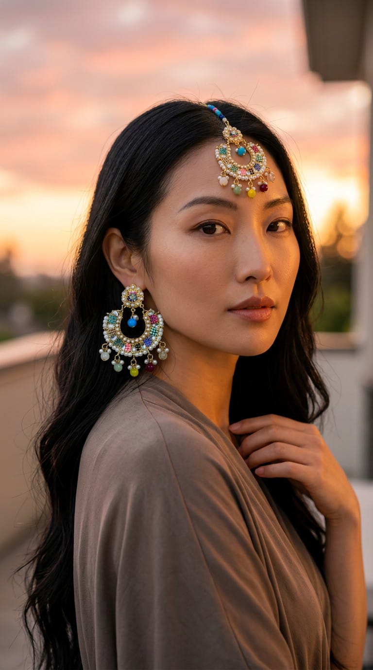 Multicolor Pearl & Gold Chandelier Earrings with Maang Tikka