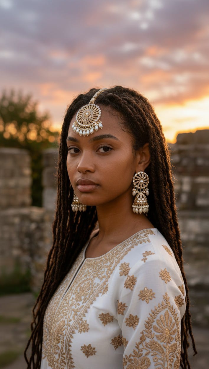 Gold & Pearl Bridal Earrings with Maang Tikka Set