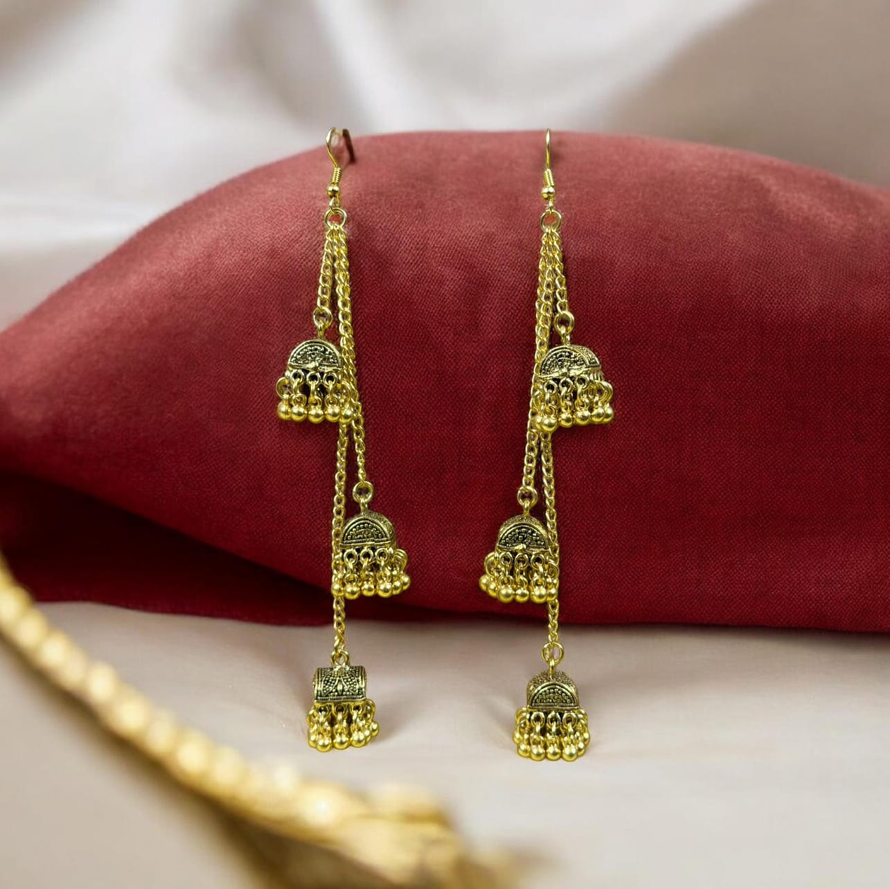 Gold Jhumka Chain Earrings