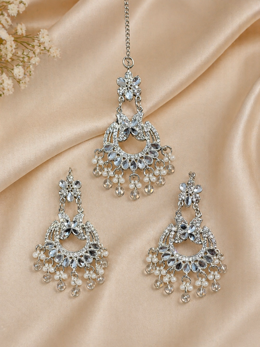 Silver Crystal Chandelier Earrings with Pearls