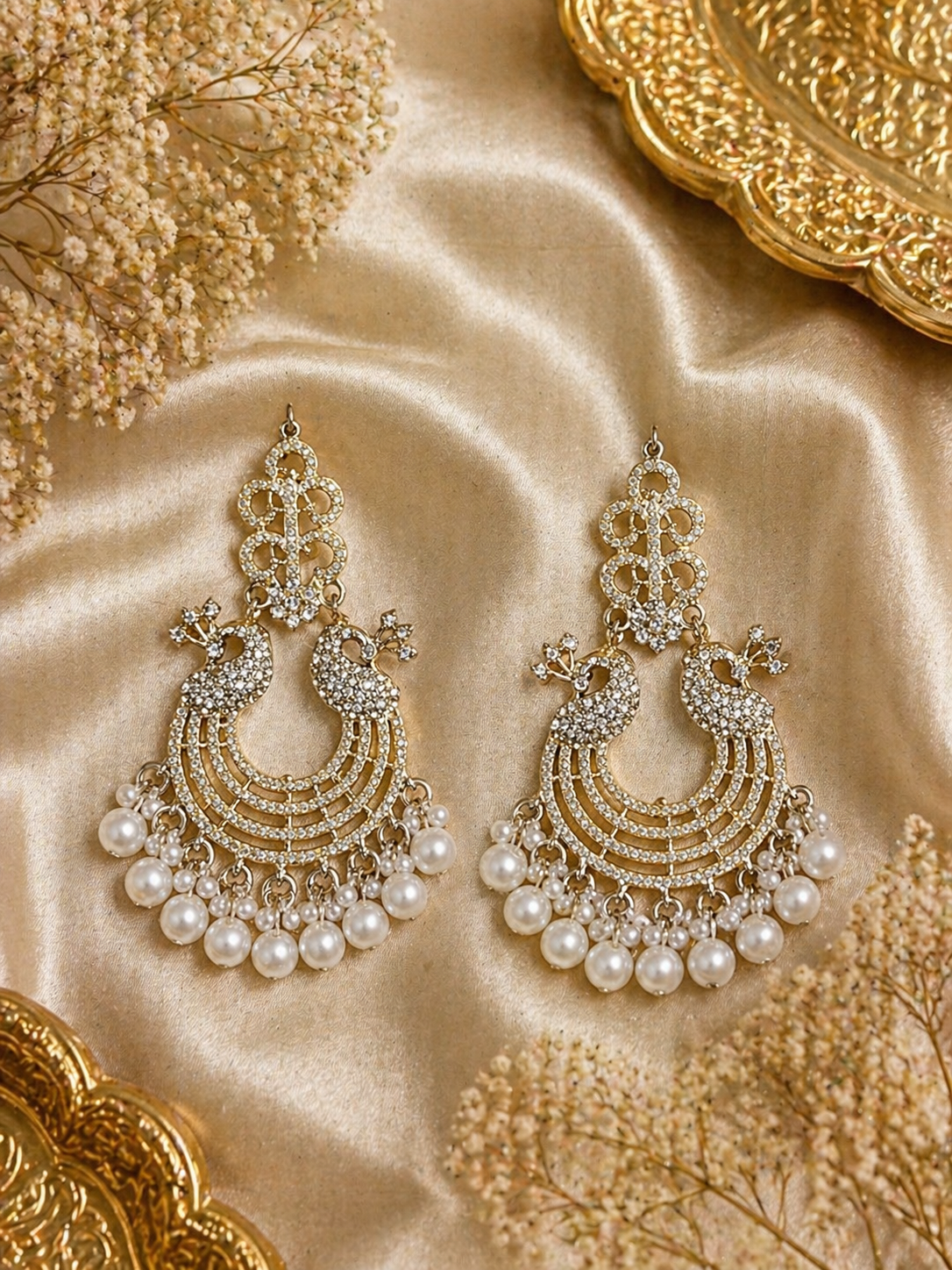 Gold Peacock Pearl Jhumka Earrings