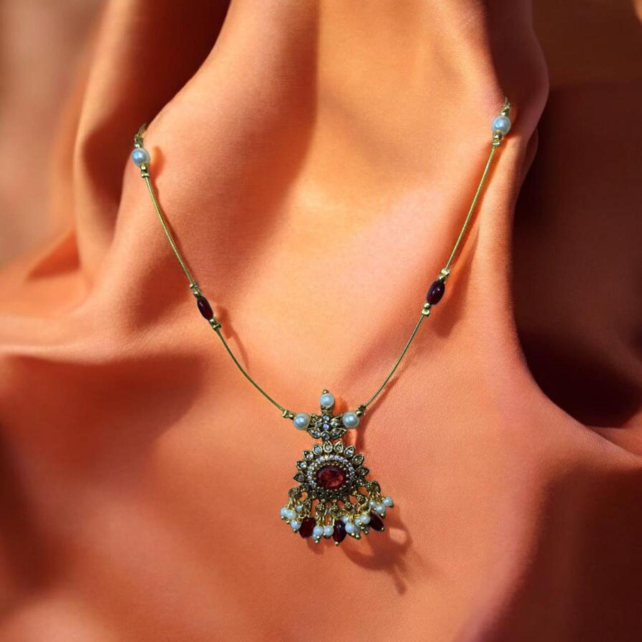 Traditional Red Stone & Pearl Pendant Necklace