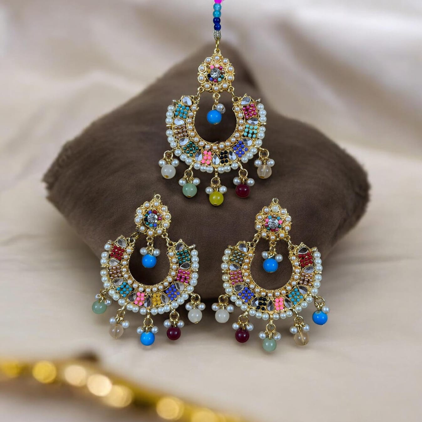 Multicolor Pearl & Gold Chandelier Earrings with Maang Tikka