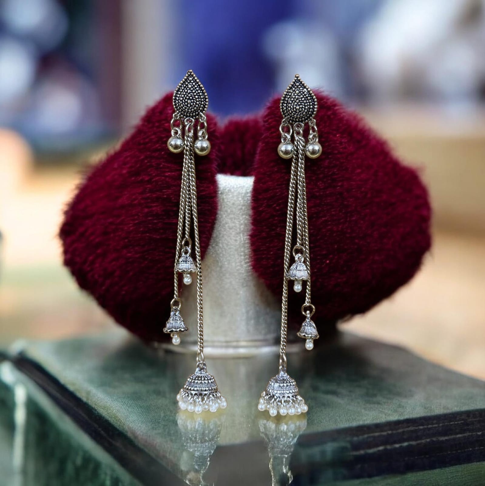 Silver Long Jhumka Earrings with Pearls