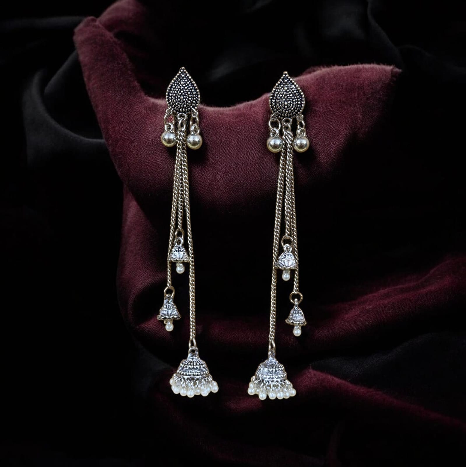 Silver Long Jhumka Earrings with Pearls