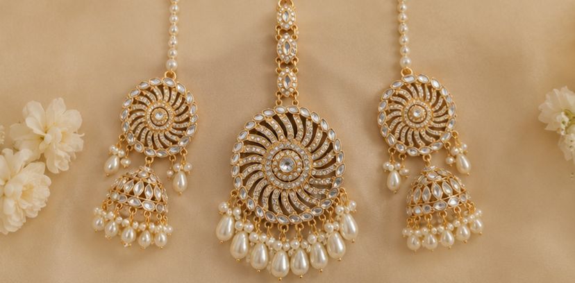 Royal Kundan Pearl Spiral Pendant Set