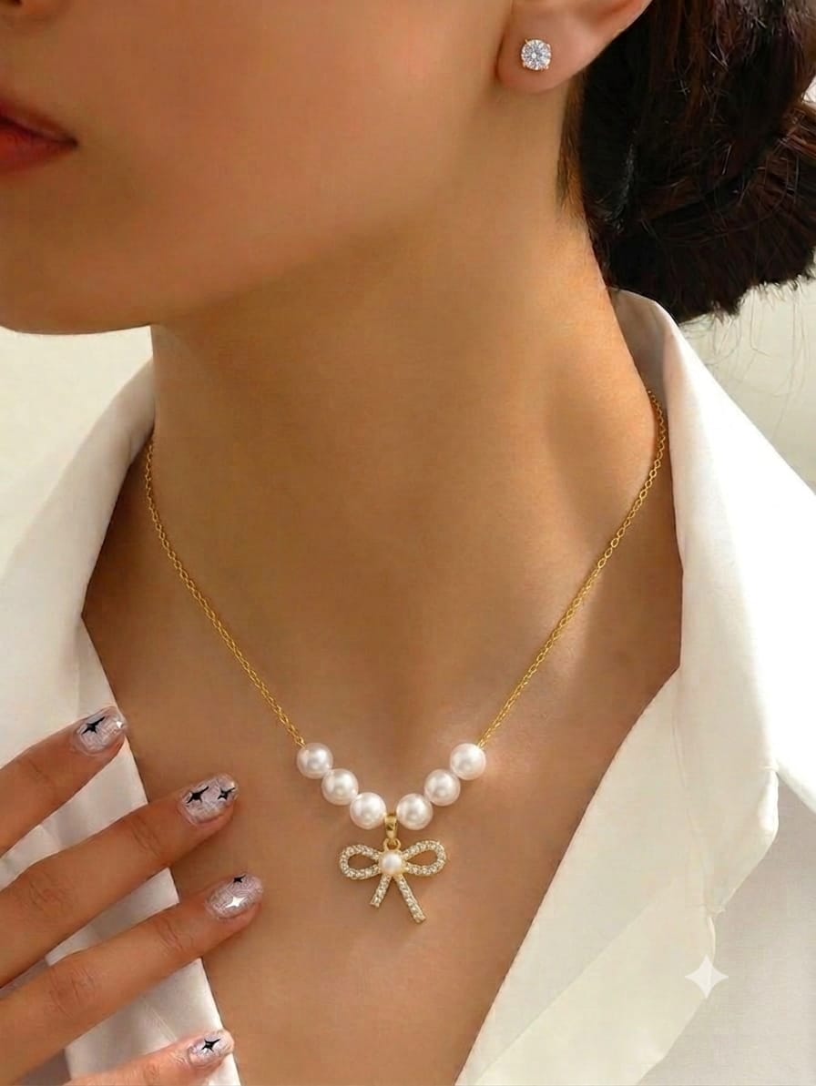 Pearl Bow Necklace Set