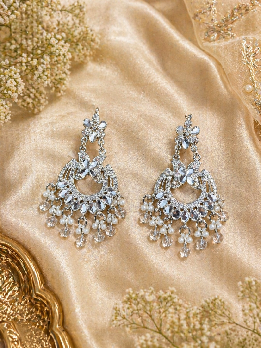 Silver Crystal Chandelier Earrings with Pearls