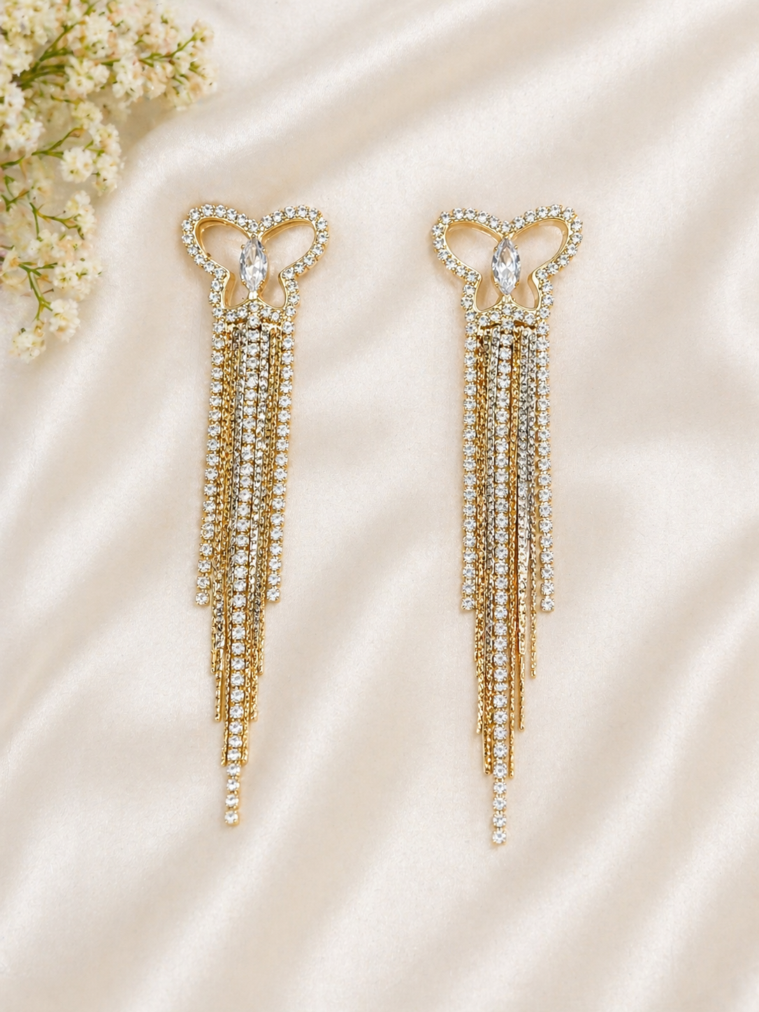 Gold Butterfly Long Chain Earrings with Crystals